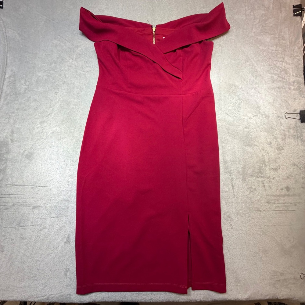 Premier Amour Red Off Shoulder Sheath Dress Size 16 Cocktail Midi coctail